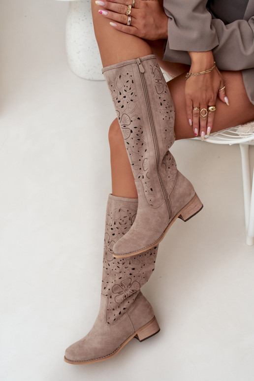 com elementos abertos botas femininas De salto baixo de camurça ecológicaoParae Preso Casal o castelo bege Orchides