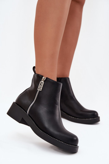 Botas femininas de salto baixo forradas com detalhes brilhantes na cor preta Vionna