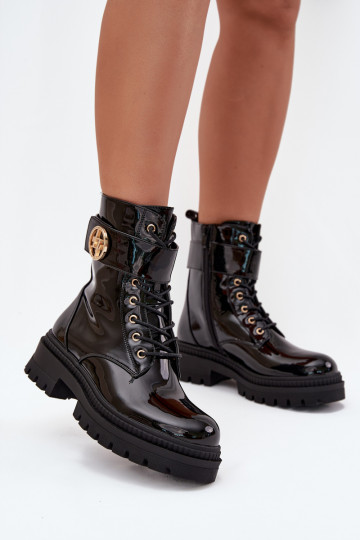 com efeito verniz Botins de trabalho Feminino Ze cor douradam Detalem aquecimento cor preta Fiorena