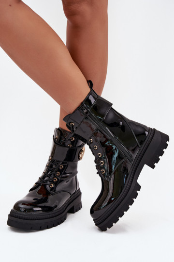 com efeito verniz Botins de trabalho Feminino Ze cor douradam Detalem aquecimento cor preta Fiorena 2