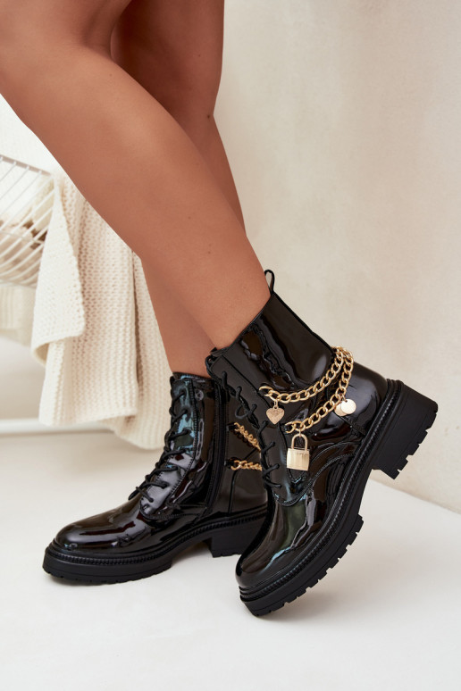 com efeito verniz Botins de trabalho Feminino Ze cor douradam Com corrente aquecimento cor preta Sarinae com efeito verniz Botins de trabalho Feminino Ze cor douradam Com corrente aquecimento cor preta Sarinae