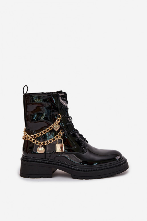 com efeito verniz Botins de trabalho Feminino Ze cor douradam Com corrente aquecimento cor preta Sarinae com efeito verniz Botins de trabalho Feminino Ze cor douradam Com corrente aquecimento cor preta Sarinae