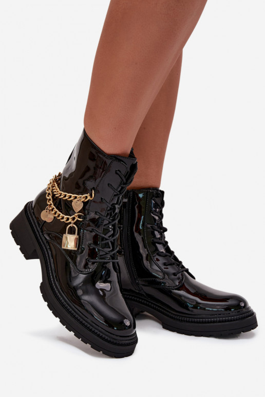 com efeito verniz Botins de trabalho Feminino Ze cor douradam Com corrente aquecimento cor preta Sarinae com efeito verniz Botins de trabalho Feminino Ze cor douradam Com corrente aquecimento cor preta Sarinae