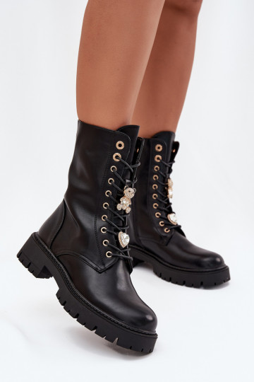 Botas femininas forradas de trabalho com espinhos na cor preta Lomina
