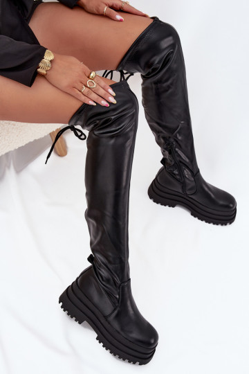 Botas femininas longas acima do joelho com plataforma cor preta Erisna