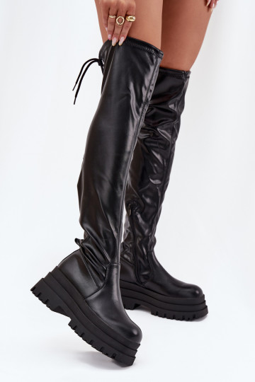 Botas femininas longas acima do joelho com plataforma cor preta Erisna 2