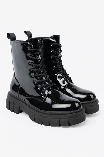 cor preta lacado botas de montaria altas na masyParanej podeszParaie