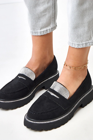 Mocassins pretos de camurça sintética decorados com zircônias Kloren 2