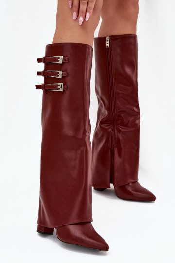 Botas femininas até o joelho com saltos, cano decorado, fitas e fivelas, cor chocolate Nirisa