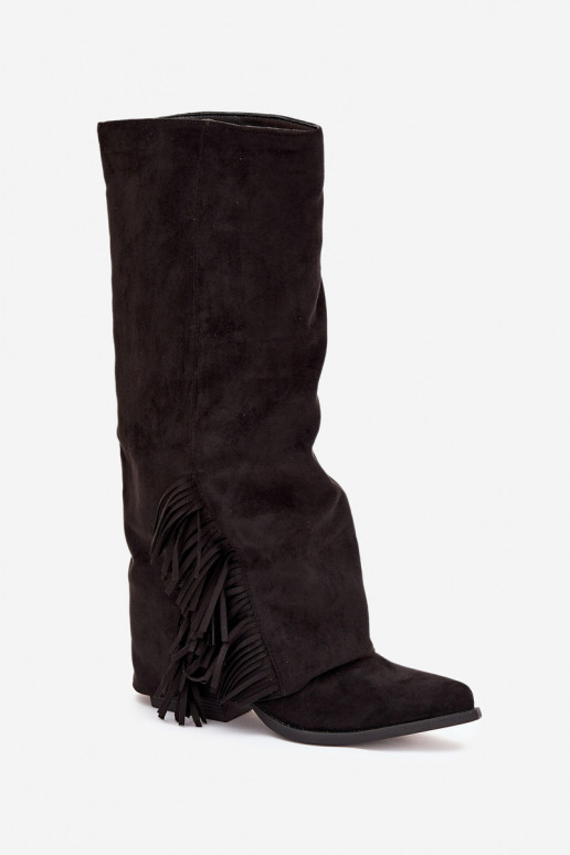 Botas femininas de cano alto de estilo cowboy, com franjas e saltos, pretas Zalia