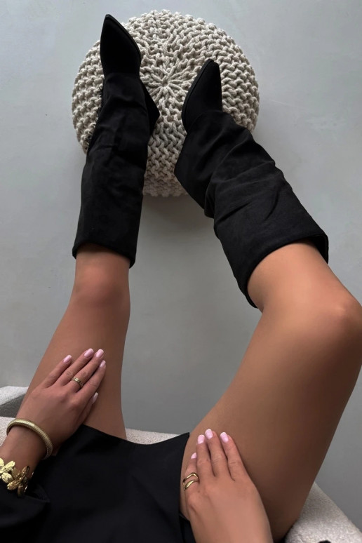 Botas femininas de cano alto de estilo cowboy, com franjas e saltos, pretas Zalia