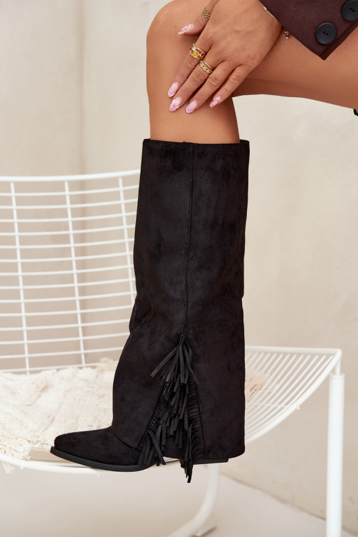 Botas femininas de cano alto de estilo cowboy, com franjas e saltos, pretas Zalia