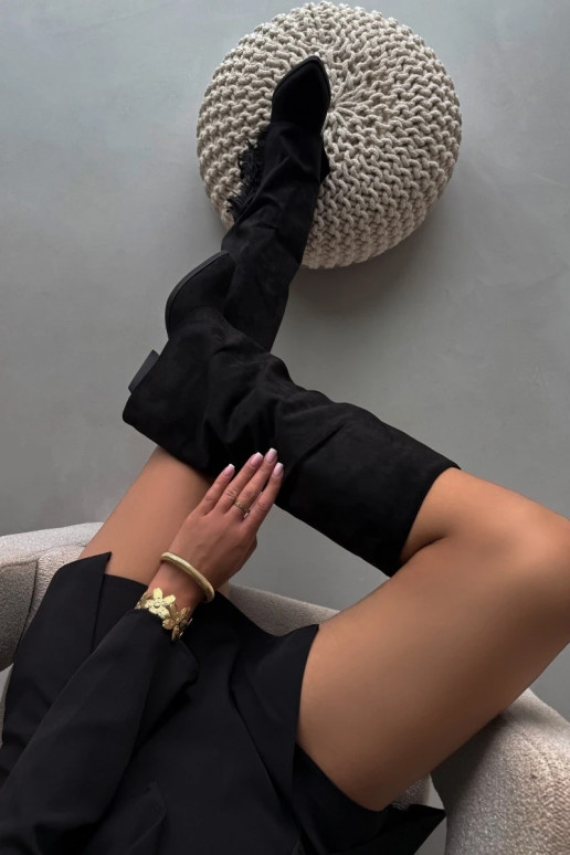 Botas femininas de cano alto de estilo cowboy, com franjas e saltos, pretas Zalia