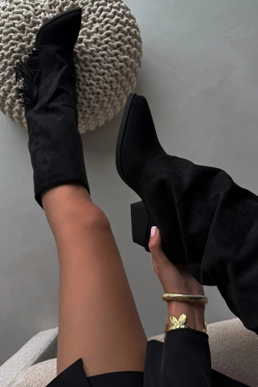 Botas femininas de cano alto de estilo cowboy, com franjas e saltos, pretas Zalia