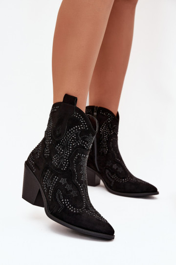 Botas femininas de estilo cowboy acolchoadas com decoração, pretas Lelira