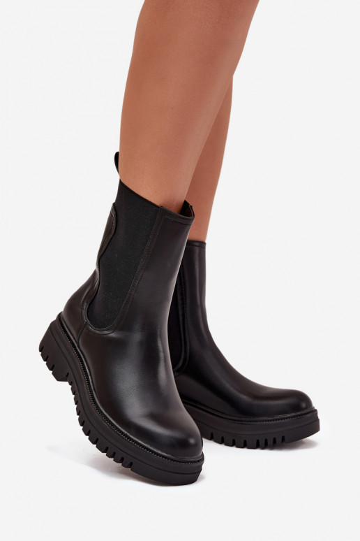 Botins femininos estilosos com plataforma e salto baixo, modelo slip-on, pretos Ravessa