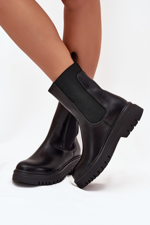 Botins femininos estilosos com plataforma e salto baixo, modelo slip-on, pretos Ravessa