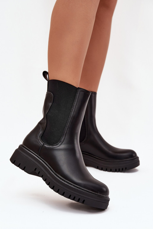 Botins femininos estilosos com plataforma e salto baixo, modelo slip-on, pretos Ravessa