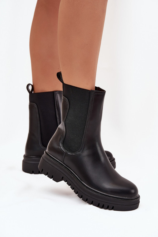 Botins femininos estilosos com plataforma e salto baixo, modelo slip-on, pretos Ravessa