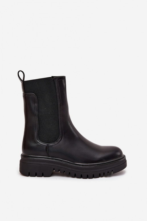 Botins femininos estilosos com plataforma e salto baixo, modelo slip-on, pretos Ravessa