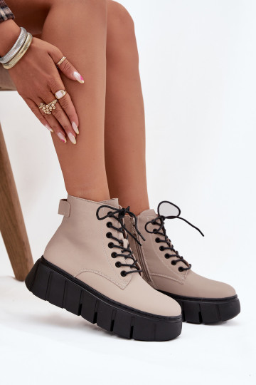 Botas femininas aquecidas de couro areia com plataforma Vinceza 66803