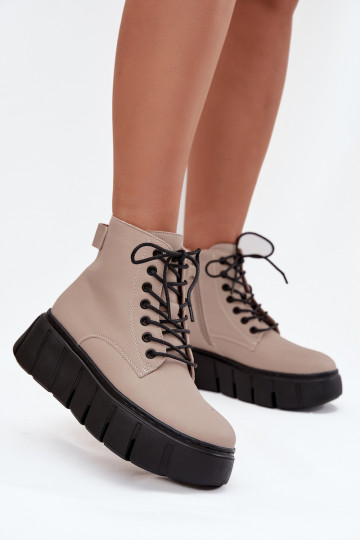 Botas femininas aquecidas de couro areia com plataforma Vinceza 66803 2