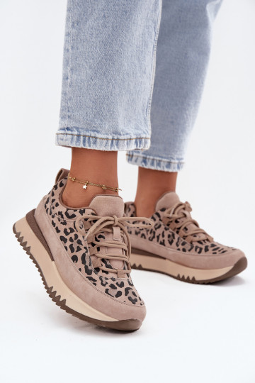 de camurça aquecimento À modalo de tênis Feminino com uma plataforma Vinceza 66836 com padrões de pele de leopardo bege