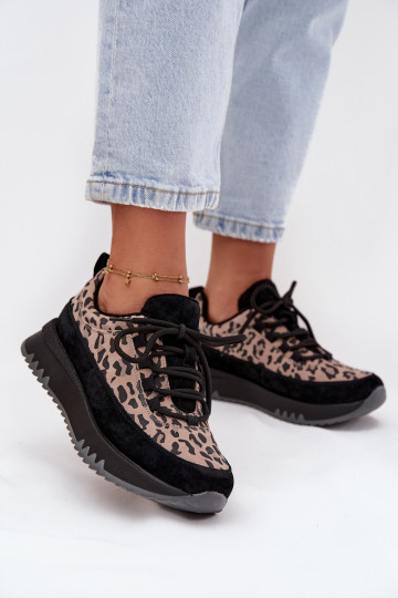 de camurça aquecimento À modalo de tênis Feminino com uma plataforma Vinceza 66836 com padrões de pele de leopardo cor preta 2
