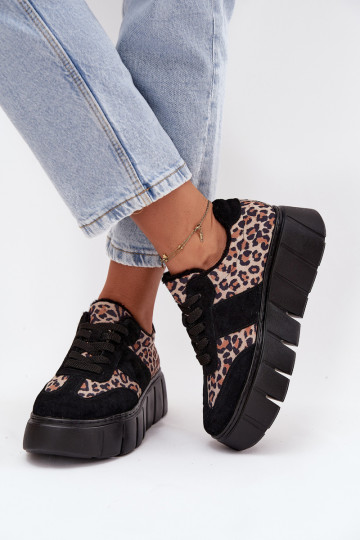 Tênis femininos aquecidos em camurça pretos com plataforma e detalhes de estampa de leopardo Vinceza 66841