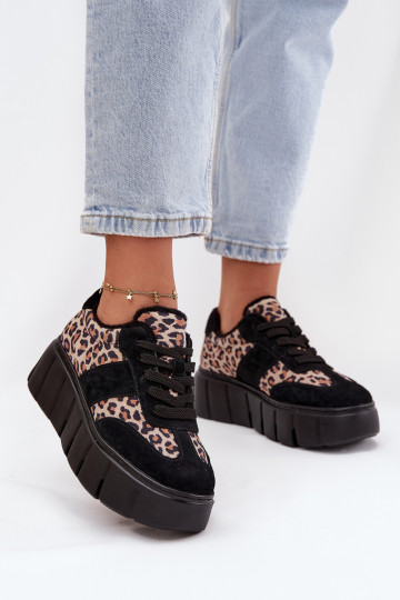 Tênis femininos aquecidos em camurça pretos com plataforma e detalhes de estampa de leopardo Vinceza 66841 2