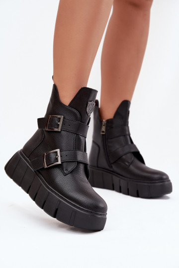 Botas femininas aquecidas de couro pretas com plataforma e fivelas Vinceza 66842 2