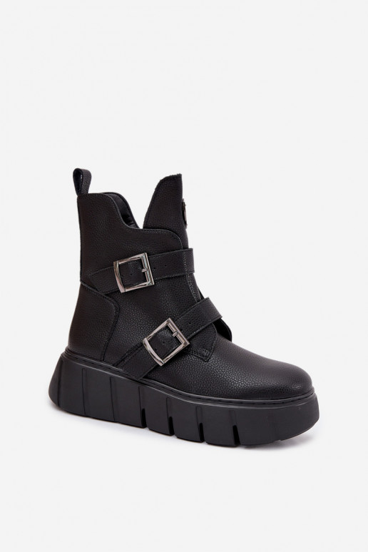 Pele aquecimento Botas femininas com uma plataforma com fivelas Vinceza 66842 cor preta Pele aquecimento Botas femininas com uma plataforma com fivelas Vinceza 66842 cor preta