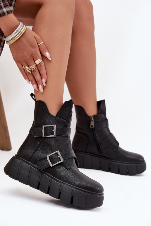 Pele aquecimento Botas femininas com uma plataforma com fivelas Vinceza 66842 cor preta Pele aquecimento Botas femininas com uma plataforma com fivelas Vinceza 66842 cor preta