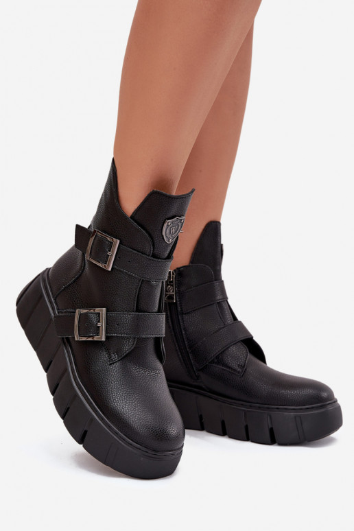 Pele aquecimento Botas femininas com uma plataforma com fivelas Vinceza 66842 cor preta Pele aquecimento Botas femininas com uma plataforma com fivelas Vinceza 66842 cor preta