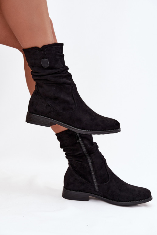 aquecimento Botas femininas Com top enrolado com salto largo cor preta Krisia