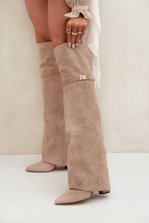 aquecimento botasEMyParainiętą CholeParaką acima do joelho Obcas Słupek bege Serelle