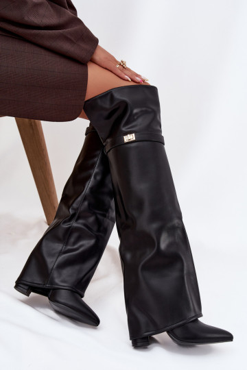 Botas longas aquecidas com parte superior costurada acima do joelho em salto bloco, cor preta Serelle