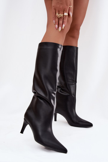 Botas de cano alto femininos slip-on aquecidas com saltos finos, cor preta, Olivienne 2