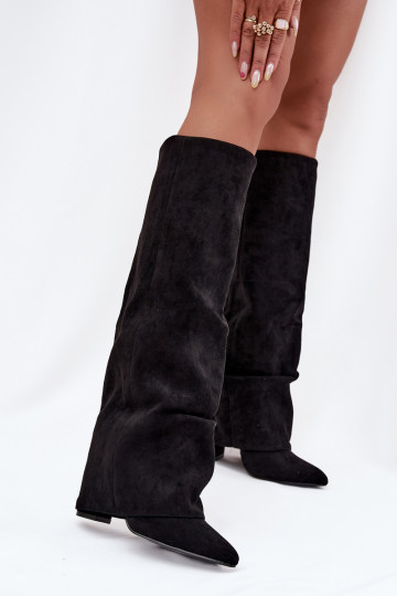 Botas de cano alto femininos aquecidos com cholewa costurada, saltos de camurça ecológica preta, Elivira 2