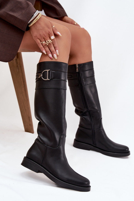 botas femininas com salto largo Com decorações Detalem cor preta Arvessa