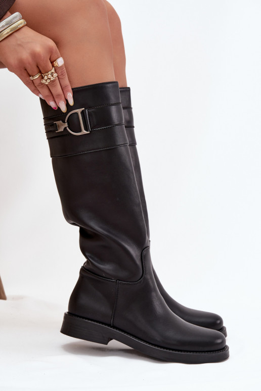 botas femininas com salto largo Com decorações Detalem cor preta Arvessa