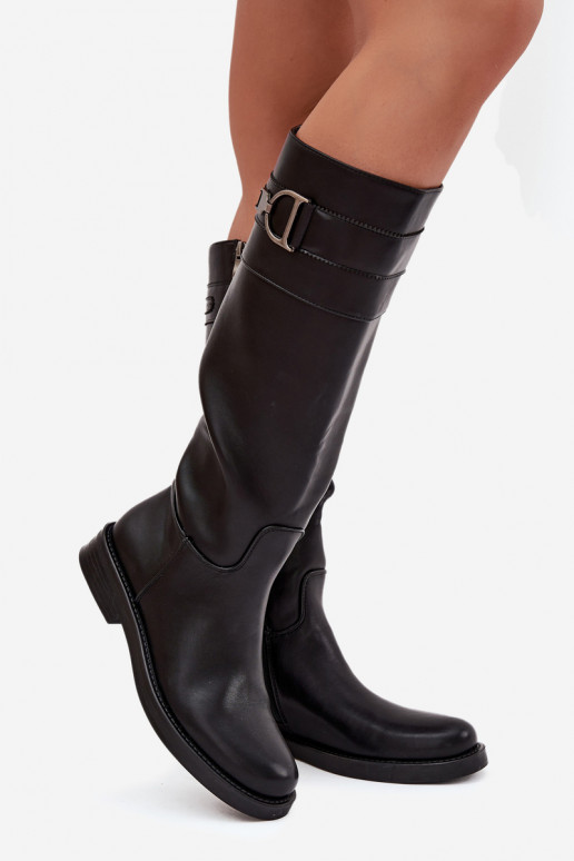 botas femininas com salto largo Com decorações Detalem cor preta Arvessa