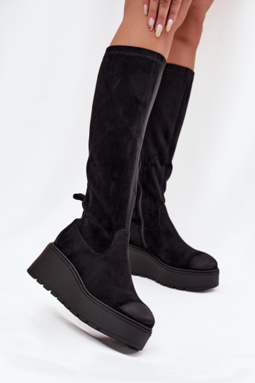 Botas de cano alto femininas até o joelho com plataforma e cunha, cor preta, Vinceza 58342 2