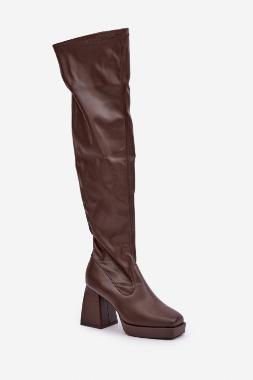 Ajuste justo botas acima do joelho com salto marrom escuro Sanniraen Ajuste justo botas acima do joelho com salto marrom escuro Sanniraen