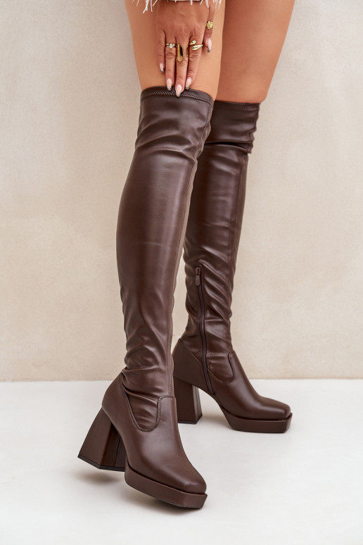 Ajuste justo botas acima do joelho com salto marrom escuro Sanniraen Ajuste justo botas acima do joelho com salto marrom escuro Sanniraen