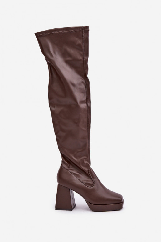 Ajuste justo botas acima do joelho com salto marrom escuro Sanniraen Ajuste justo botas acima do joelho com salto marrom escuro Sanniraen