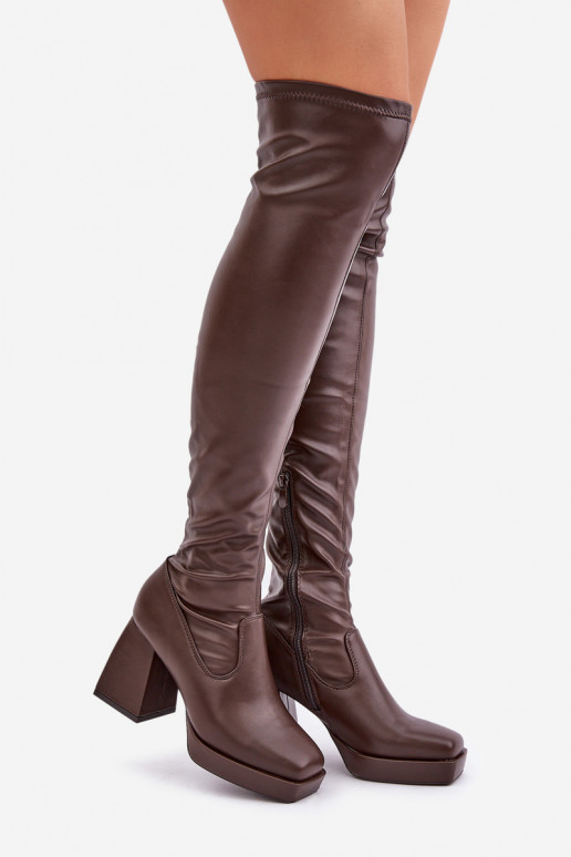 Ajuste justo botas acima do joelho com salto marrom escuro Sanniraen Ajuste justo botas acima do joelho com salto marrom escuro Sanniraen