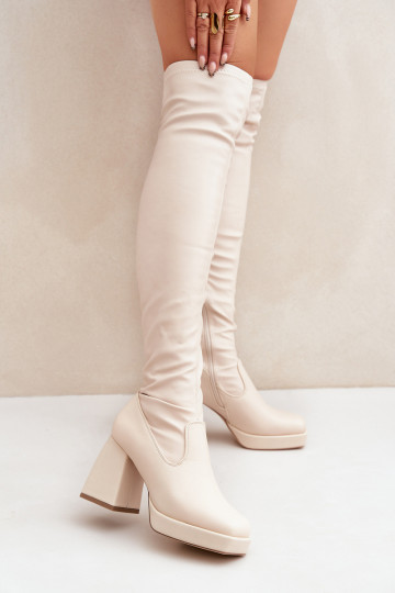 Ajuste justo botas acima do joelho com salto cor de marfim Sanniraen