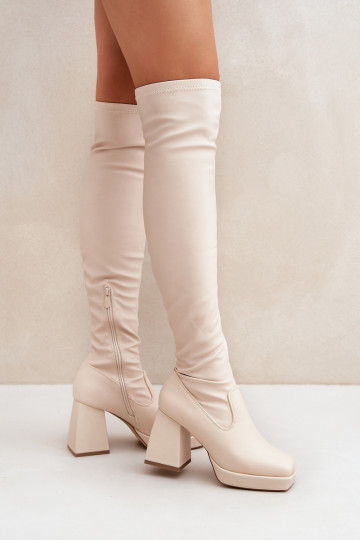 Ajuste justo botas acima do joelho com salto cor de marfim Sanniraen 2