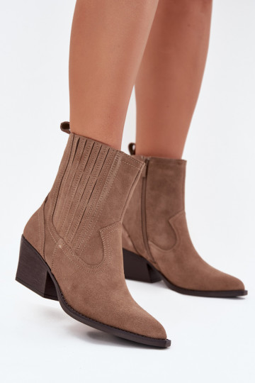 Botas femininas de estilo cowboy de camurça com saltos, aquecidas, na cor chaki Dylira